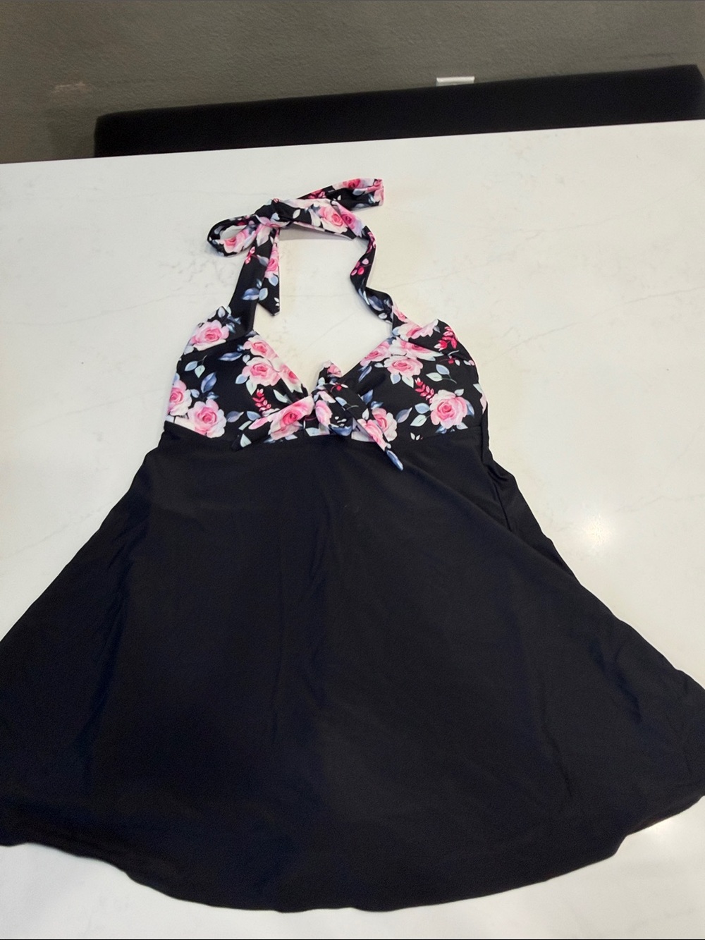 Floral Halter Swimdress One-Piece in Black and Pink